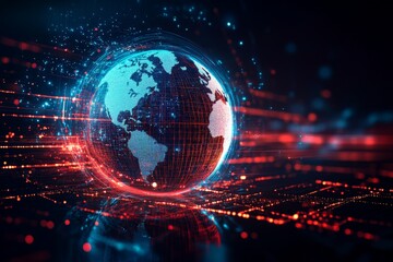 Obraz premium Digital globe illuminated with vibrant blue and red data streams representing global connectivity and technology trends