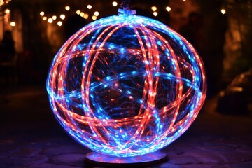 Colorful illuminated sphere with vibrant lights creating a dynamic visual effect at an outdoor event in the evening