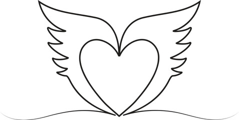 Heart love shape with flying wings continuous line drawing 