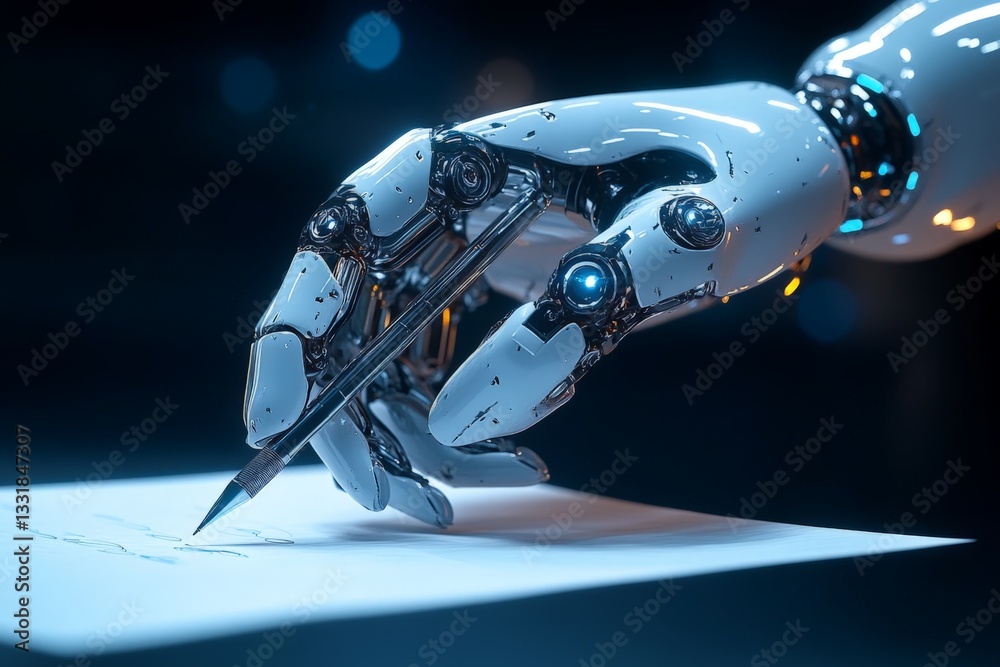 Aufkleber robotic hand gracefully holding a pencil while writing notes on a white sheet in a futuristic settin