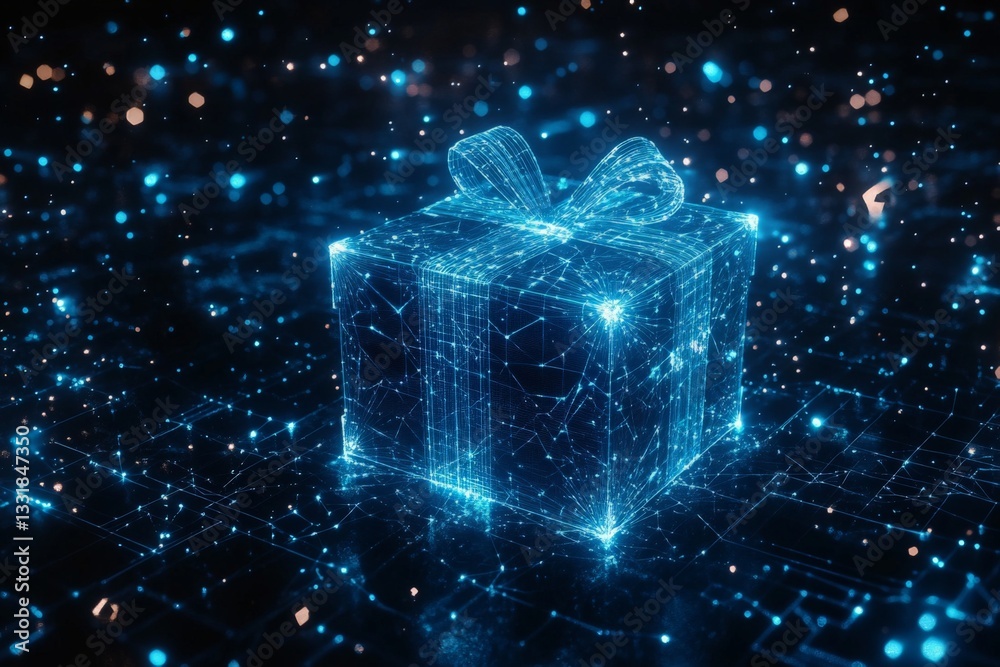 Aufkleber Digital gift box surrounded by glowing particles in a futuristic setting at night showcasing advanced technology