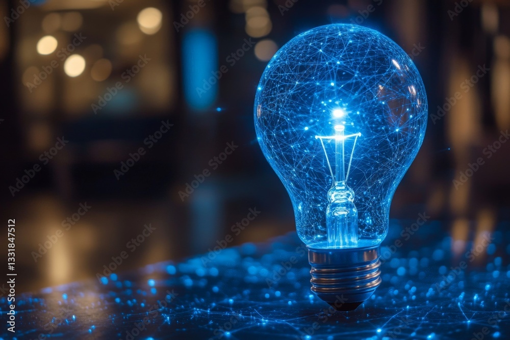 Poster light bulb illuminated with glowing blue connections showcasing the concept of innovation and techno