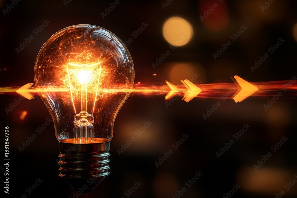 Poster bright light bulb emitting radiant energy with glowing arrows in a dark background creating a vibran
