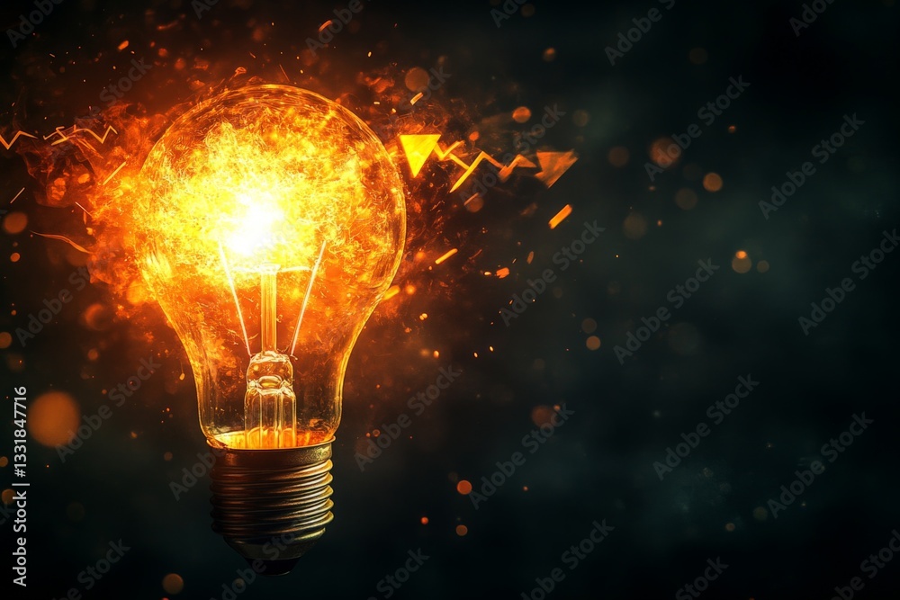 Poster bright light bulb emits fiery sparks and energy in a dark background during a creative concept sessi