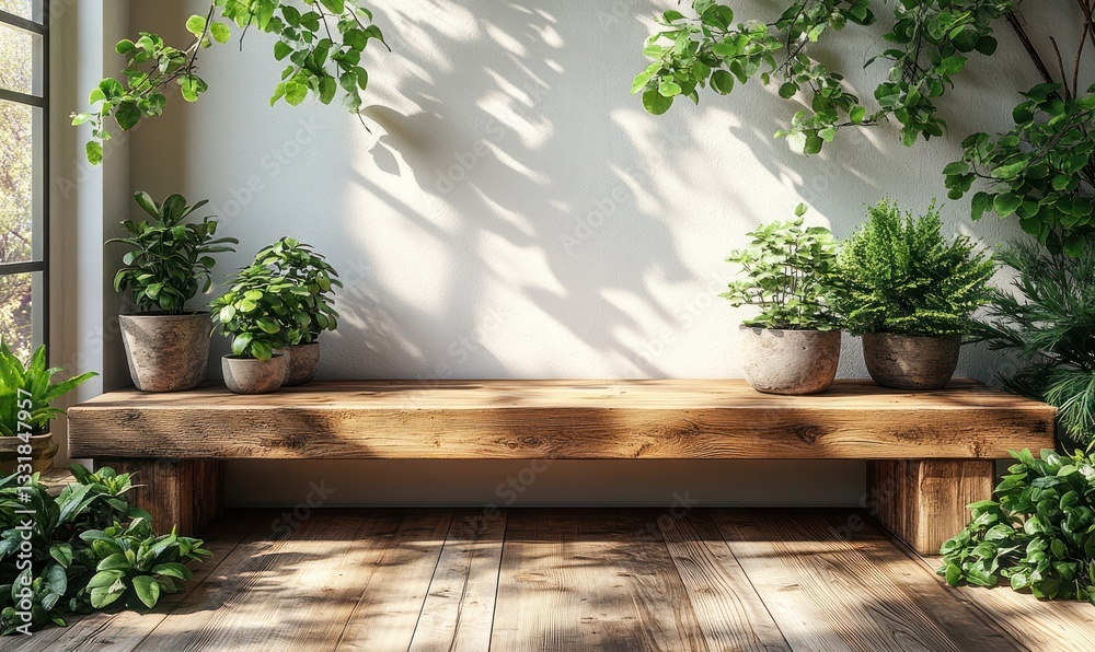 Poster minimalist wooden display with green plants on white background 3d rendering