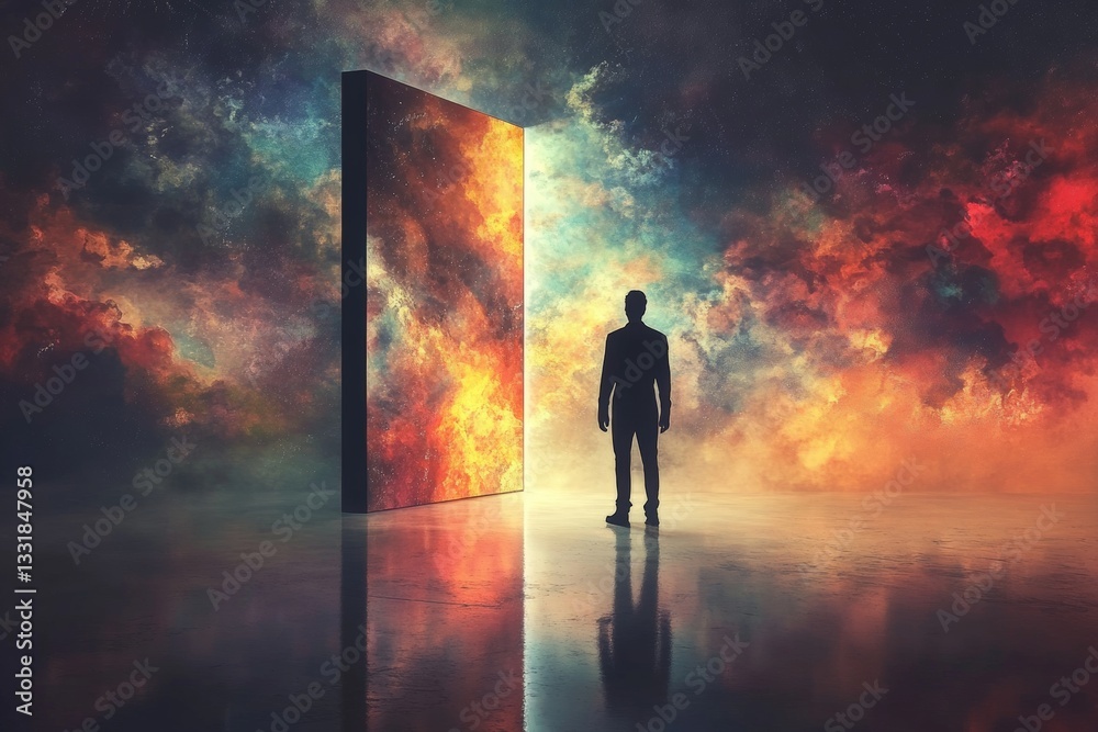 Aufkleber man stands before a cosmic portal in a vibrant, dreamlike setting depicting an otherworldly landscap