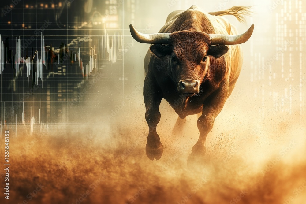 Poster Bull charging through mist with stock market graphs in background depicting volatility and strength in finance
