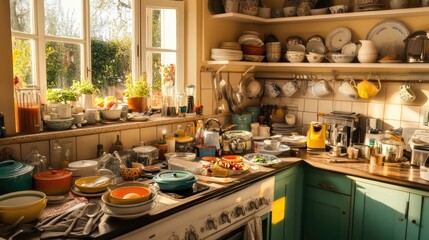 A messy kitchen counter filled with unwashed dishes, adding to visual clutter.