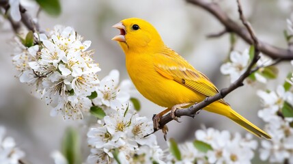 Bright yellow canary perched on a delicate tree branch singing its morning song