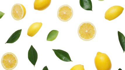 Bright lemons and fresh green leaves create a vibrant, lively arrangement on a clean white background