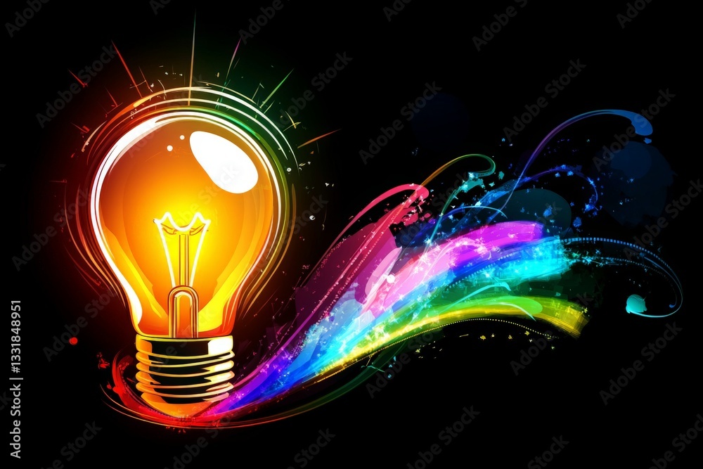 Poster colorful light bulb design with vibrant swirls representing creativity and inspiration in a dark bac