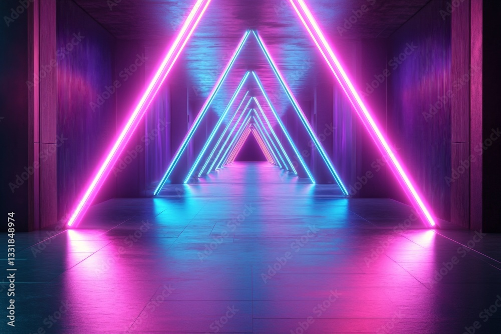 Poster vibrant neon lights create a striking geometric tunnel in a dimly lit space