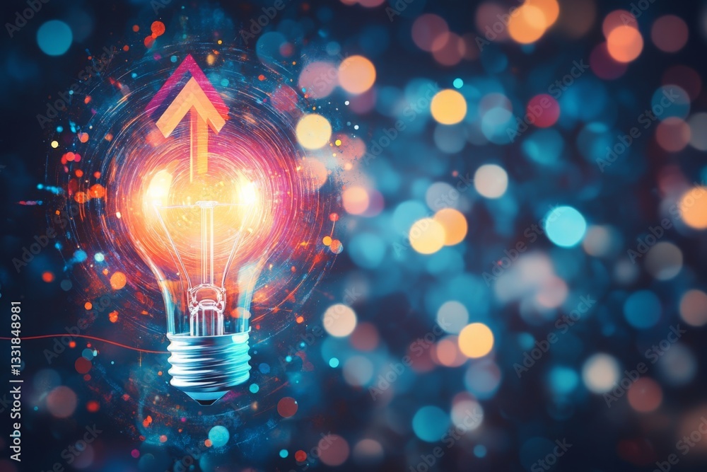 Poster bright light bulb illuminated with vibrant colors and upward arrow symbolizing creativity and inspir