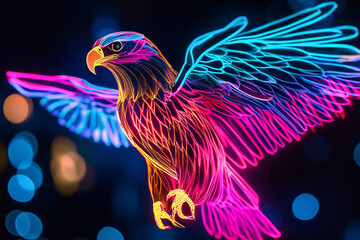 Fototapeta premium Vibrant neon eagle in flight artistic digital artwork bird pink blue wings night power colors design