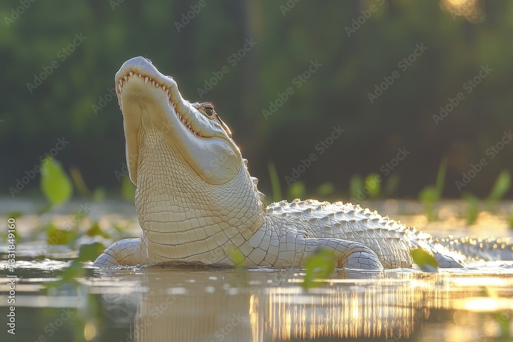 Poster crocodile emerging from water surrounded by lush greenery at sunset in a tranquil habitat setting