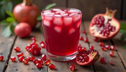 A refreshing pomegranate drink served on a wooden table, surrounded by fresh pomegranates and ice cubes.