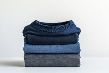 Photo of a folded, ironed pile of blue clothes including jeans and jumpers against a simple plain background with copy space