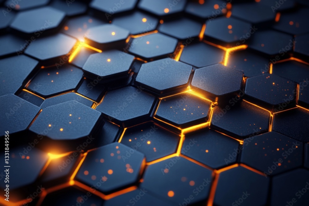 Poster Abstract design of glowing hexagonal patterns on a dark surface with light reflections in a modern setting