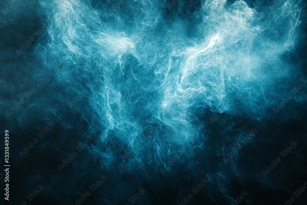 Poster bright turquoise smoke swirls against a dark backdrop creating mesmerizing patterns and textures