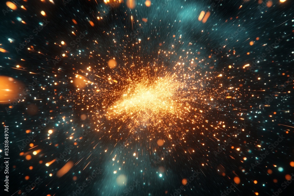 Poster explosive cosmic phenomenon showcasing vibrant bursts and swirling particles in a vast universe