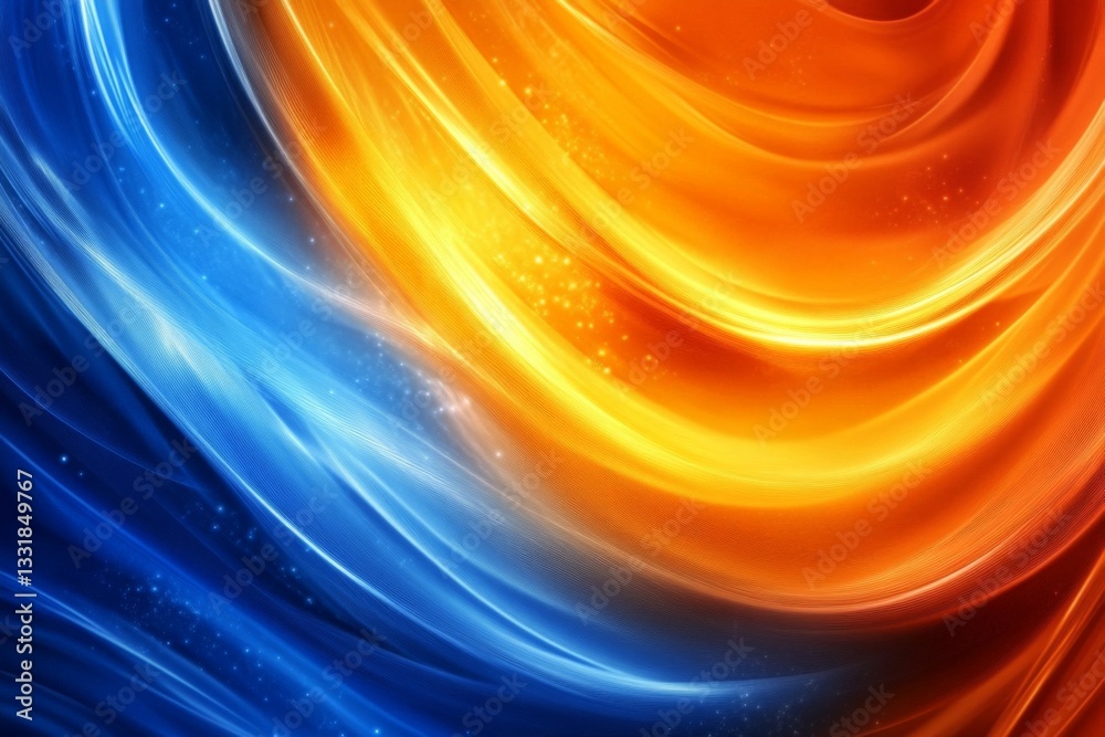 Poster colorful abstract waves of orange and blue flowing harmoniously in a swirling pattern, creating a vi