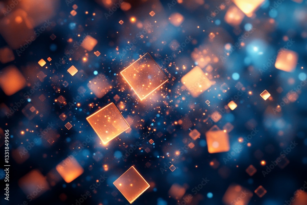 Poster colorful glowing squares floating in a deep blue and orange abstract digital space