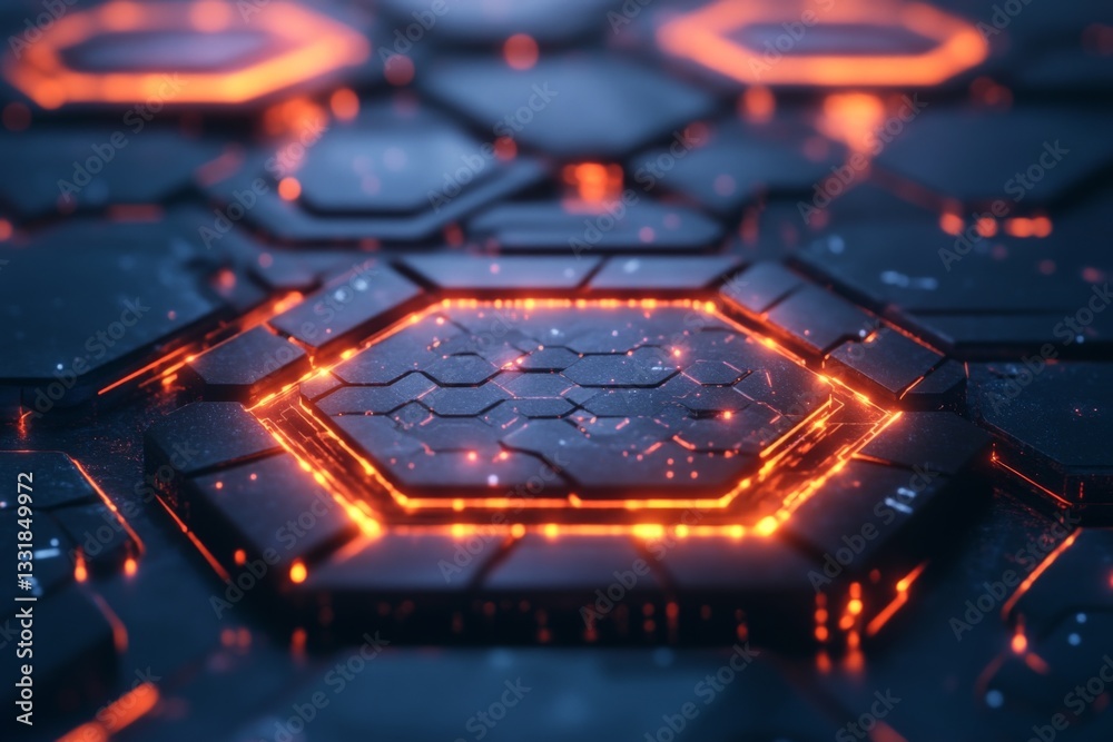 Fototapete Vibrant glowing hexagonal patterns create a mesmerizing floor design in a futuristic setting during a creative art installation