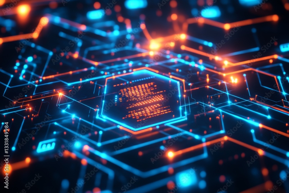 Poster Vibrant digital circuit board design with glowing elements depicting technology and innovation