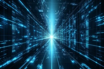 Visual representation of a digital tunnel illustrating data streaming toward a bright light source