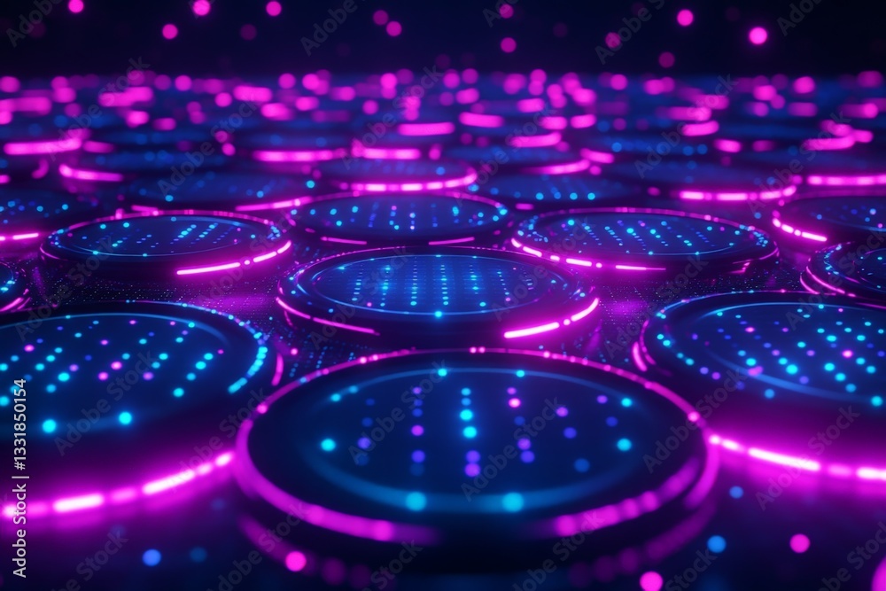 Poster colorful illuminated pads create a vibrant atmosphere for electronic music performance in a modern v