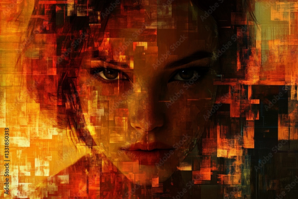 Poster striking portrait of a woman with abstract patterns in warm tones, emphasizing her intense gaze