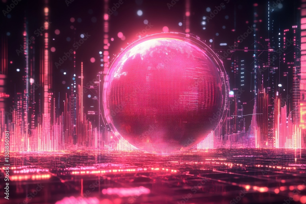 Poster digital landscape with a glowing pink globe amidst neon cityscape and vibrant data visualizations at