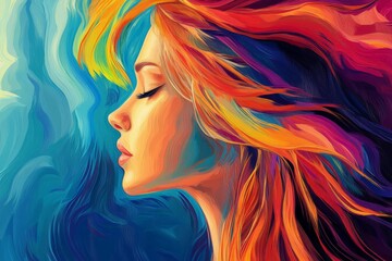 Colorful woman with flowing hair in artistic portrait against a vibrant abstract background