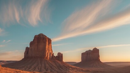 Sunset over dramatic rock formations in rugged landscape.