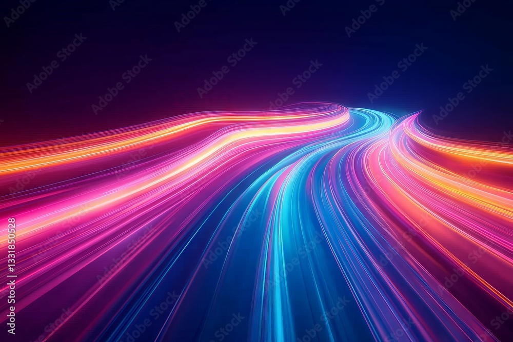 Poster Bright light trails create a vibrant abstract pattern in a dark background