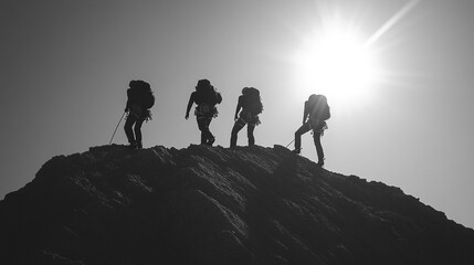 Silhouette of four climbers ascending a steep rocky mountain peak under a bright sun high rocks sport