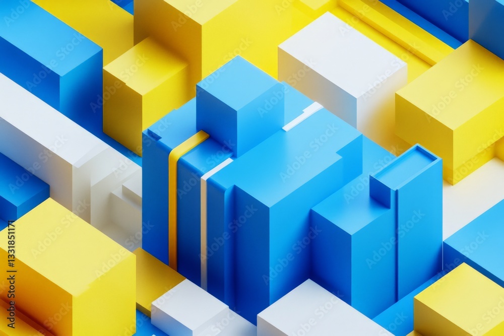 Poster colorful geometric shapes create an abstract design with blue, yellow, and white tones in a digital 