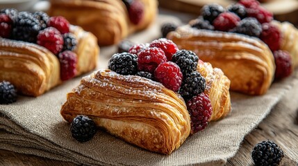 Group of freshly baked croissants on a beige cloth napkin. the croissant on the left is golden brown and has a flaky texture.