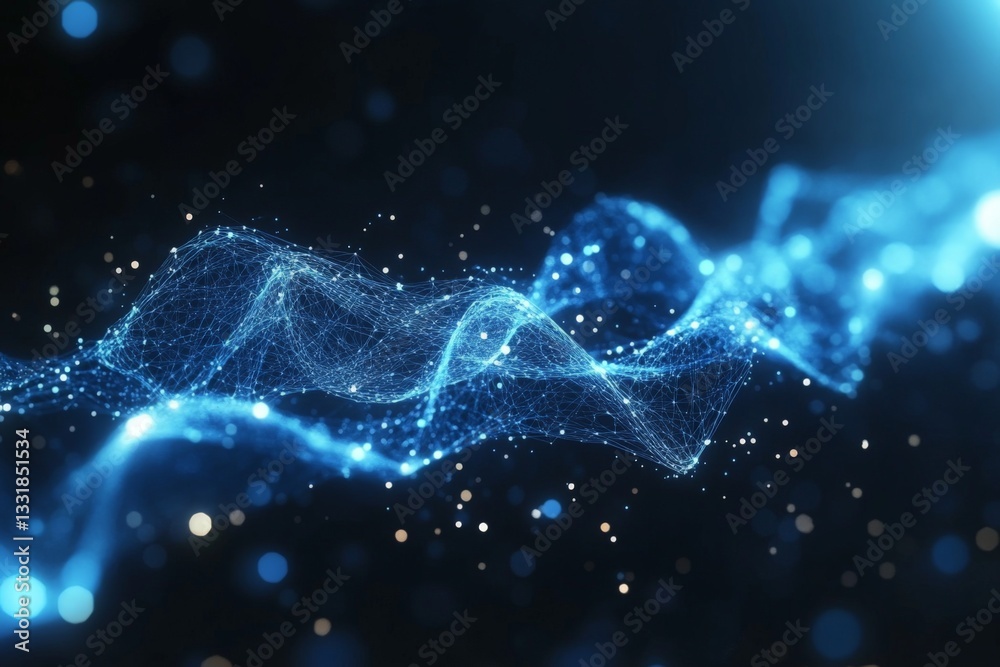 Poster Waves of vibrant blue light create a dynamic abstract visual in a dark environment with glowing particles