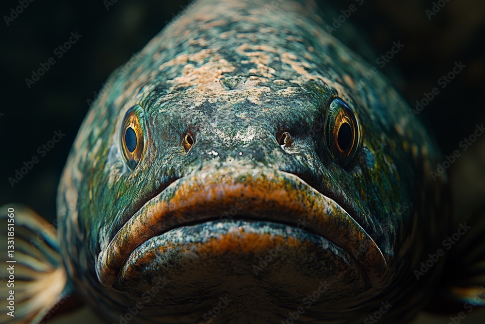 Poster close-up view of an expressive fish showcasing intricate textures and colors underwater in a natural