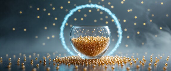 A glass filled with shimmering golden beads surrounded by glowing blue orbs in a mystical setting.