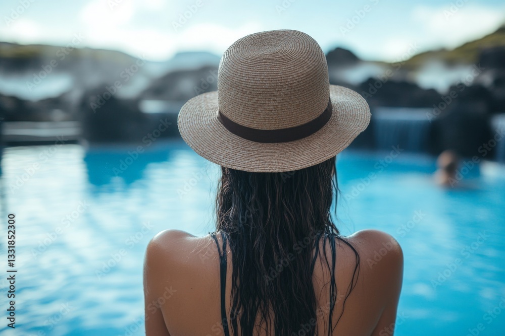 Poster relaxing at a tranquil resort pool on a sunny day with a straw hat and serene atmosphere