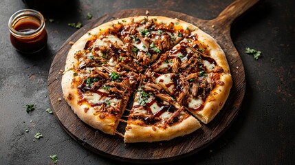 Large pizza on a wooden cutting board. the pizza has a golden brown crust and is topped with shredded chicken, melted cheese, and a drizzle of bbq sauce.