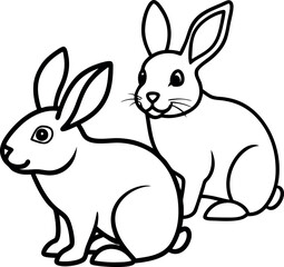 Obraz premium Simple line art drawing of two bunnies with perked ears and fluffy tails, ideal for printable art, children's books, and farm animal educational materials. 