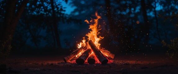 Campfire burning brightly at night surrounded by nature in a tranquil outdoor setting.