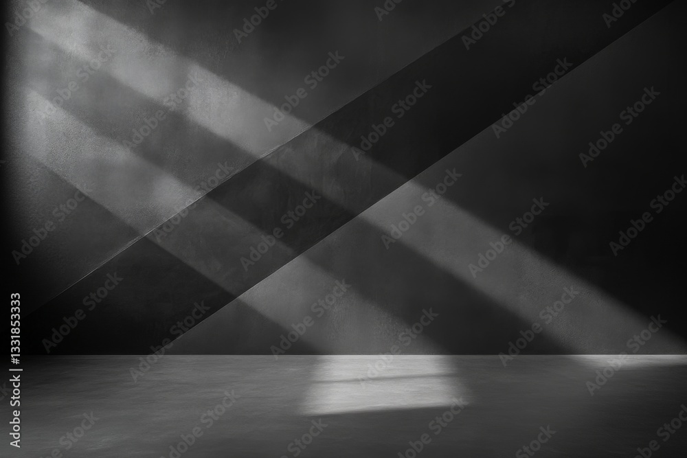 Poster Light rays create geometric patterns on a textured wall in an empty room during the afternoon