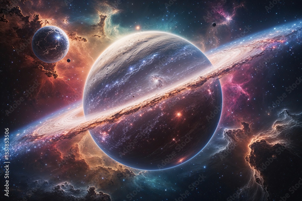Wall mural unknown planet in a cosmic nebula with colourful stardust and star clusters in outer space