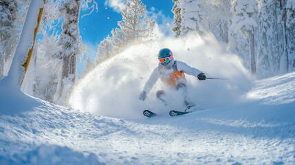 Skiing through fresh powder on a sunny day in a snowy mountain landscape