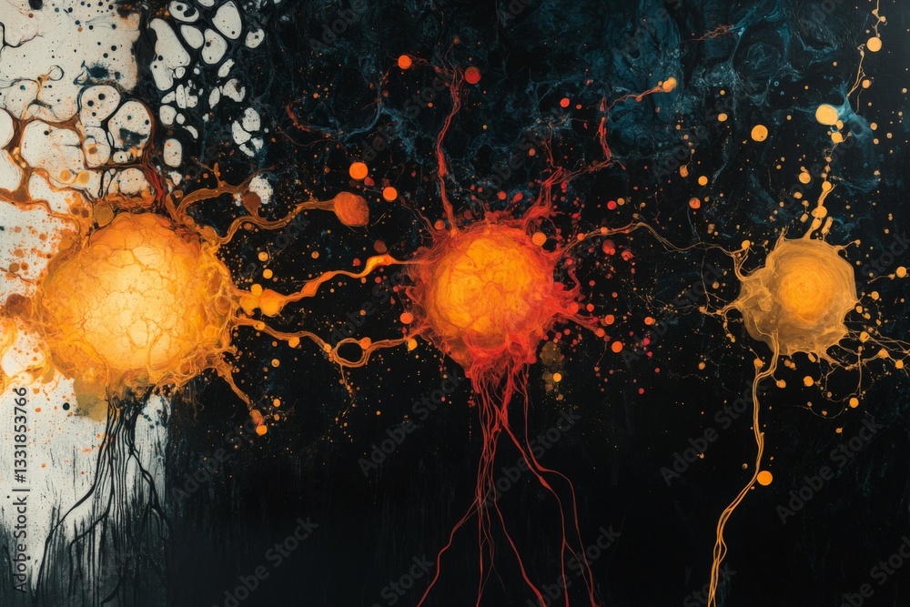 Poster Colorful abstract artwork depicting three vibrant orbs connected by swirling patterns in a dark background at an art gallery