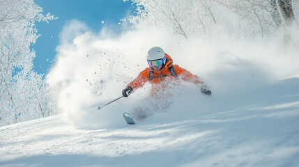 Naklejka premium Sking expert navigates pristine slopes covered in fresh snow during a sunny winter day in the mountains